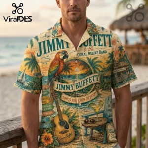 Jimmy Buffett & the Coral Reefer Band tropical print button-down shirt with a parrot, guitar, and beach scene graphics.!