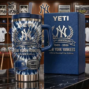 Yeti travel tumbler with blue tie-dye pattern, New York Yankees 123rd anniversary logo, and matching blue presentation box.!
