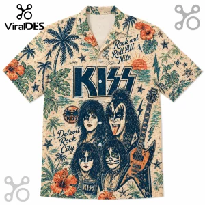 KISS band member portraits on beige button-up shirt with tropical hibiscus, palm trees, and Detroit Rock City text.!