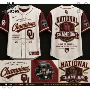 Oklahoma Sooners 2026 NCAA baseball champions cream and crimson button-down jersey with gold accents and World Series patch.!