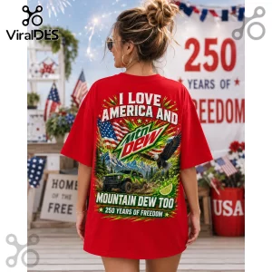 Red cotton t-shirt featuring Mountain Dew logo, bald eagle, off-road vehicle, US flag, and text 250 Years of Freedom.!