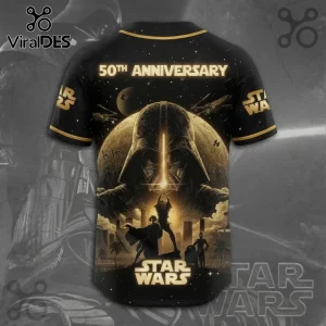 Black baseball jersey featuring gold Star Wars 50th Anniversary graphics, Darth Vader, Luke Skywalker, and the Death Star.!