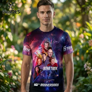 Star Trek 60th anniversary t-shirt featuring captain portraits and U.S.S. Enterprise graphic on a deep space galaxy print.!