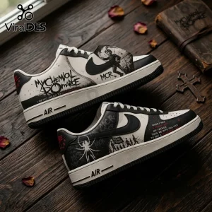 Custom leather sneakers featuring My Chemical Romance lyrics, spider logo, and marching parade graphics on white and black.!