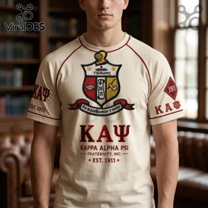 Kappa Alpha Psi cream raglan t-shirt with crimson trim and embroidered fraternity crest, Greek letters, and 1911 branding.!