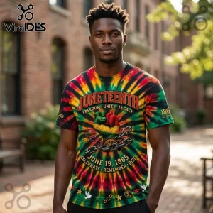 Black man wearing a tie-dye Juneteenth t-shirt with a raised fist, broken chains, and the date June 19, 1865.!