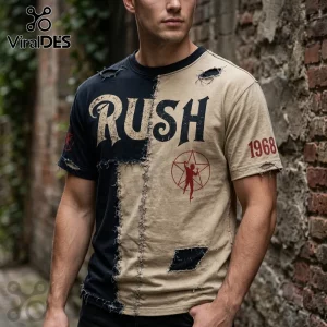Split black and tan distressed T-shirt with RUSH text, 1968, and a star-man graphic print.!