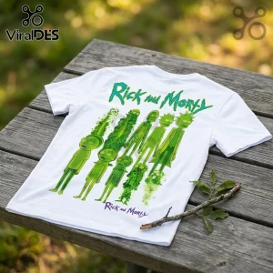 White Rick and Morty cotton t-shirt featuring green graphic print of various Rick and Morty character transformations.!
