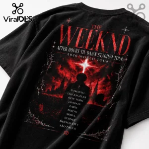 Black cotton t-shirt featuring red text The Weeknd After Hours Til Dawn Stadium Tour 2026 and city names on back print.!