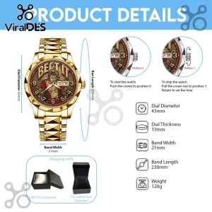 Gold-toned analog Michael Jackson Beat It watch with 43mm dial, textured band, date window, and optional gift box packaging.!