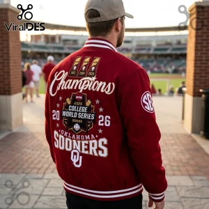 Maroon wool varsity jacket with Oklahoma Sooners 2026 College World Series Champions embroidery and white striped trim.!