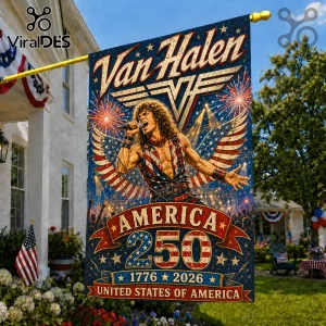 Van Halen outdoor flag featuring a rock singer with wings, stars and stripes motif, and America 250 anniversary text.!