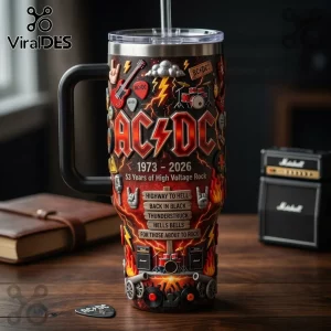 AC/DC stainless steel tumbler with 3D-effect print featuring band logo, guitars, lightning, and hit song titles text.!