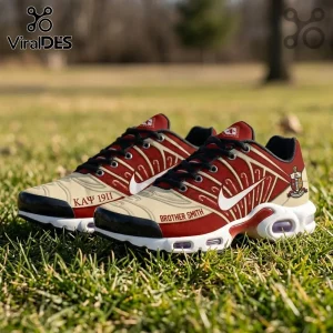 Custom Kappa Alpha Psi athletic sneakers in crimson and cream with white swoosh, 1911 text, and fraternity crest logo.!