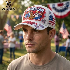 White baseball cap with Scooby-Doo cartoon patch, American flag detail, and fireworks embroidery, worn by a man.!