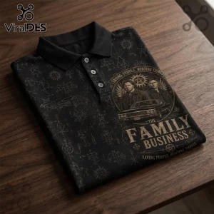 Black polo shirt featuring Supernatural characters, an Impala, and occult symbols with the text The Family Business.!