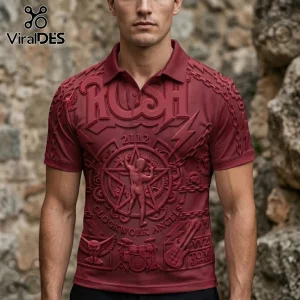 Maroon polo shirt featuring embossed RUSH band graphics, Starman logo, 2112 text, gears, and guitar design.!