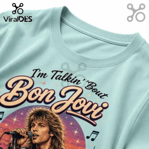 Light blue cotton crewneck t-shirt featuring 80s style Bon Jovi graphic with singer, stars, and I'm Talkin' Bout text.!