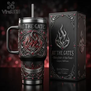 At The Gates Slaughter of the Soul 40oz stainless steel tumbler with metal straw, black finish, red fire motifs, and jewels.!