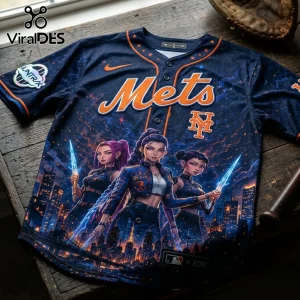 New York Mets button-up baseball jersey with anime-style characters, city skyline, blue and orange space graphics.!