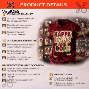 Maroon distressed crew neck t-shirt with text Kappa Dads Are Dope in varsity font and gold and white color palette.!
