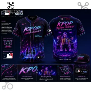 KPop Demon Hunters MLB baseball jersey with neon purple and blue city skyline, character graphics, and KDH cat logo patches.!
