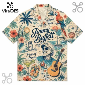 Jimmy Buffett short-sleeve button-down shirt with tropical hibiscus, parrot, palm trees, guitar, and drink graphics.!