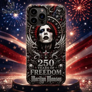 Marilyn Manson phone case featuring gothic skull graphics, American flag, and 250 Years of Freedom text on dark background.!