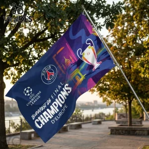 Paris Saint-Germain UEFA Champions League Budapest 26 Final flag featuring the team crest and trophy on a silver pole.!