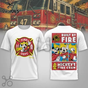 White t-shirt showing front graphic of Mickey Mouse in fire gear and back graphic of Mickey, Goofy, and Donald Duck.!