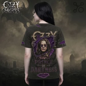 Ozzy Osbourne charcoal black t-shirt featuring a Prince of Darkness graphic with a bat, purple accents, and distressed rips.!