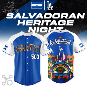 LA Dodgers baseball jersey with El Salvador flag, Dodgers lettering, 503 text, and colorful stadium city print on back.!