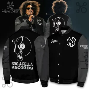 Black and grey varsity jacket with Roc-A-Fella Records logo, NY Yankees emblem, Jigga text, and track list print details.!
