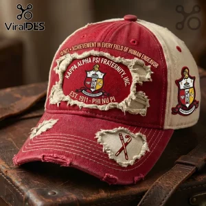 Distressed red and beige Kappa Alpha Psi fraternity baseball cap with embroidered crest, cane icon, and slogan text.!