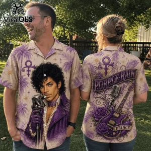 Man and woman wearing beige Prince Purple Rain button-down shirts with purple palm tree, guitar, and floral print patterns.!