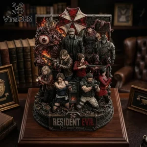 Resident Evil 30th anniversary resin statue featuring Leon, Jill, Claire, Chris, Ada, and Wesker with Umbrella Corp logo.!