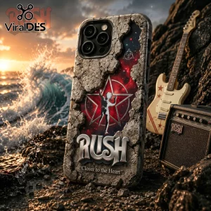 iPhone case featuring Rush 2112 Starman logo, cracked stone texture, nebula background, and Closer to the Heart text.!