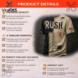 Rush band distressed split-design t-shirt with black and beige panels, red Starman logo, and 1968 text graphic.!