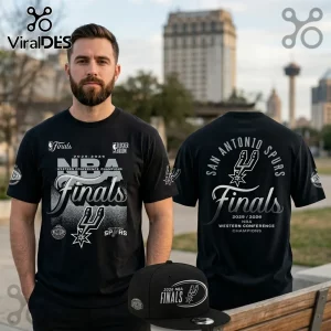 Black cotton t-shirt and baseball cap featuring San Antonio Spurs 2026 NBA Western Conference Champions graphics.!