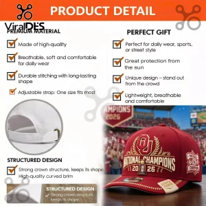 Oklahoma Sooners 2026 baseball cap in deep crimson with gold embroidered National Champions text and team logo.!
