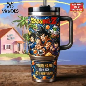 Dragon Ball Z stainless steel tumbler featuring Goku, Vegeta, Piccolo, Gohan, and Shenron with customizable text.!