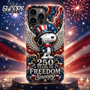 iPhone case featuring Snoopy in an Uncle Sam hat and angel wings against a red, white, and blue firework background.!