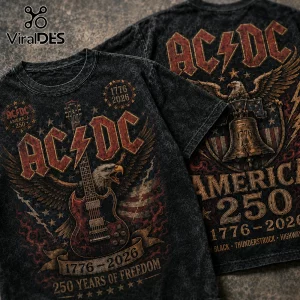 AC/DC black graphic t-shirt with eagle, Gibson SG guitar, Liberty Bell, American flag, and 1776-2026 text.!