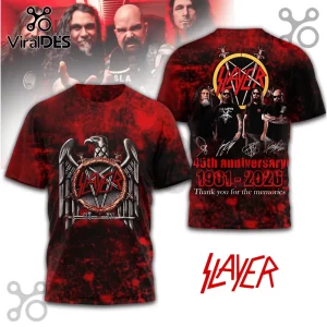 Slayer 45th anniversary t-shirt featuring band members, eagle logo, and 1981-2026 text on a red and black marble background.!