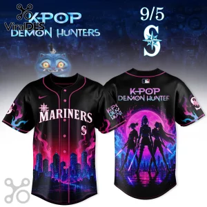 Seattle Mariners baseball jersey featuring K-Pop Demon Hunter graphics, neon city skyline, pink flames, and silhouettes.!