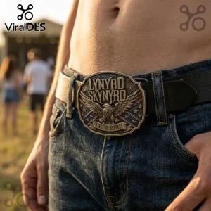 Lynyrd Skynyrd metal belt buckle featuring an eagle, stars, and Free Bird text on a black leather belt and blue denim jeans.!