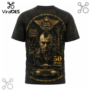 Black Taxi Driver graphic tee featuring Travis Bickle portrait, yellow taxi, and text in gold and bronze tones.!