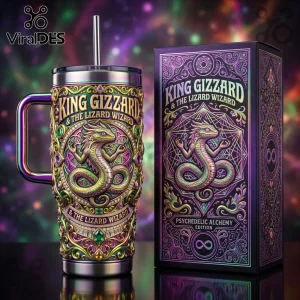 King Gizzard and the Lizard Wizard stainless steel tumbler with iridescent finish and matching psychedelic box.!