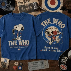 Blue cotton T-shirt featuring Snoopy as The Who with Mod target logo, vintage distressed print, and band lyrics.!