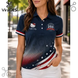 Navy blue polo shirt with Hello Kitty graphic, 250 years of freedom text, and American flag patriotic print design.!